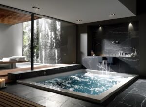 Sleek black bathroom faucet mounted on a contemporary Jacuzziwith modern design.