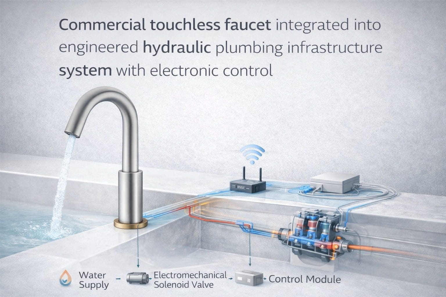 Commercial touchless faucet integrated into engineered hydraulic plumbing infrastructure system with electronic control