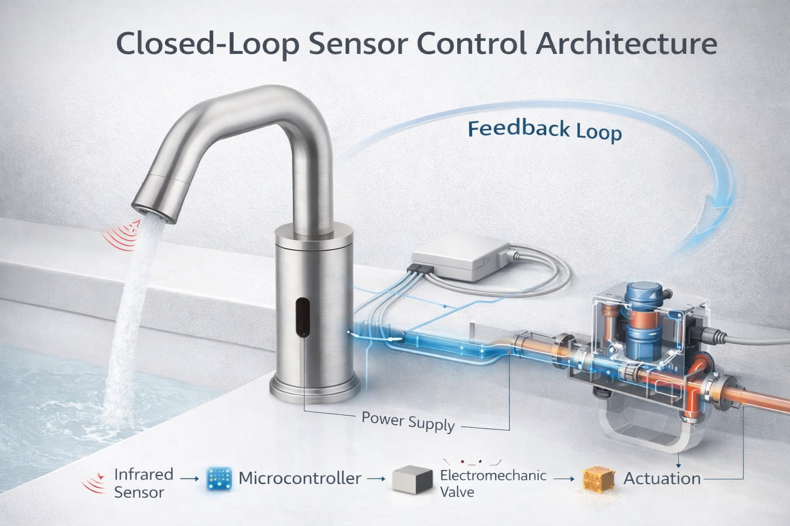 Electronic faucet control system showing internal circuit board microcontroller and sensor interface components
