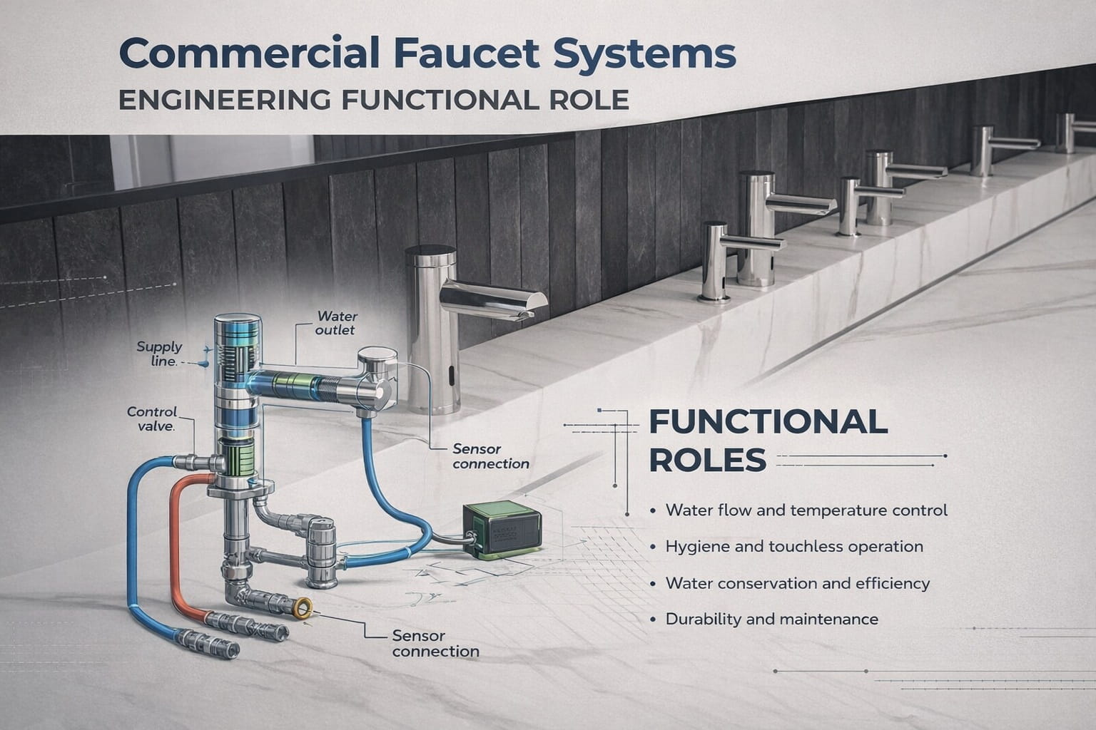 Commercial faucet integrated into engineered plumbing infrastructure showing hydraulic flow control mechanisms