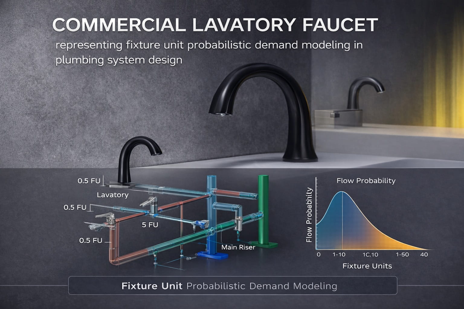 Commercial lavatory faucet representing fixture unit probabilistic demand modeling in plumbing system design