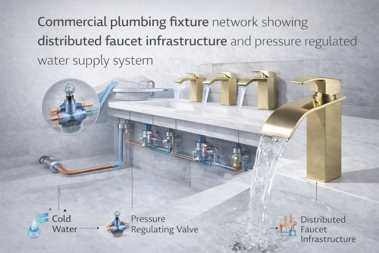 Commercial plumbing fixture network showing distributed faucet infrastructure and pressure regulated water supply system