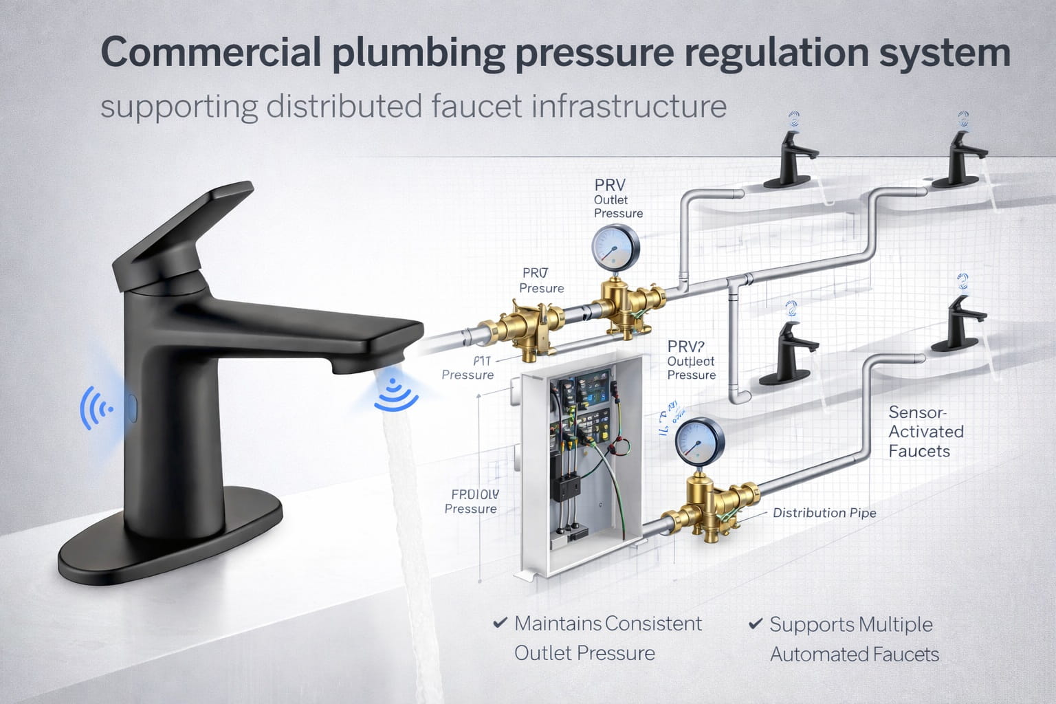 Commercial plumbing pressure regulation system supporting distributed faucet infrastructure