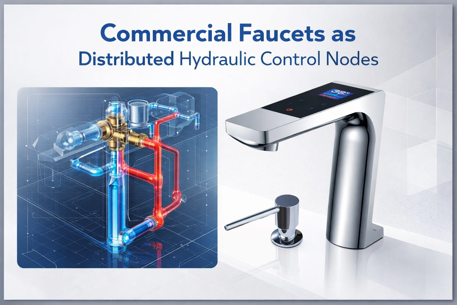 Commercial touchless faucet integrated into engineered plumbing system with infrared sensing and regulated hydraulic discharge