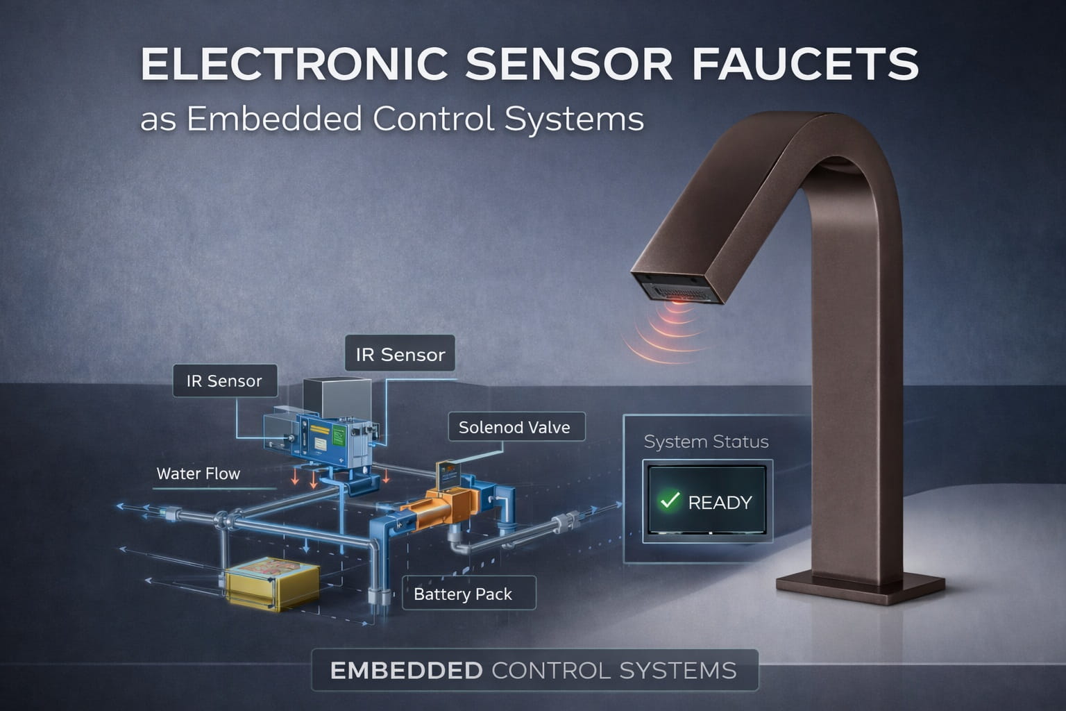 Electronic sensor faucet showing embedded infrared detection and control system