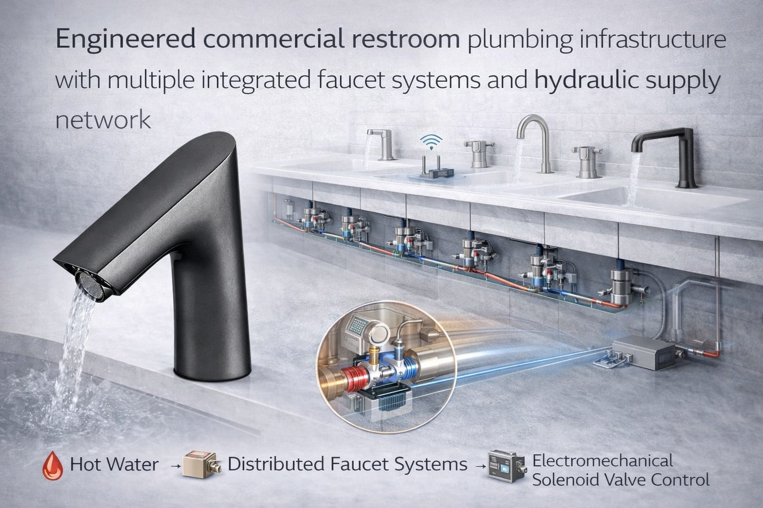 Engineered commercial restroom plumbing infrastructure with multiple integrated faucet systems and hydraulic supply network