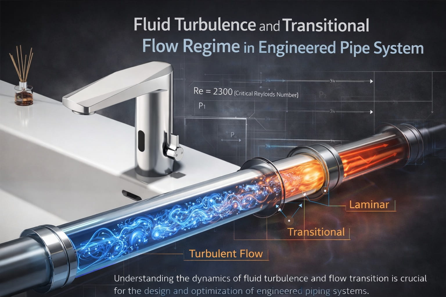 Fluid turbulence and transitional flow regime visualization in engineered pipe system
