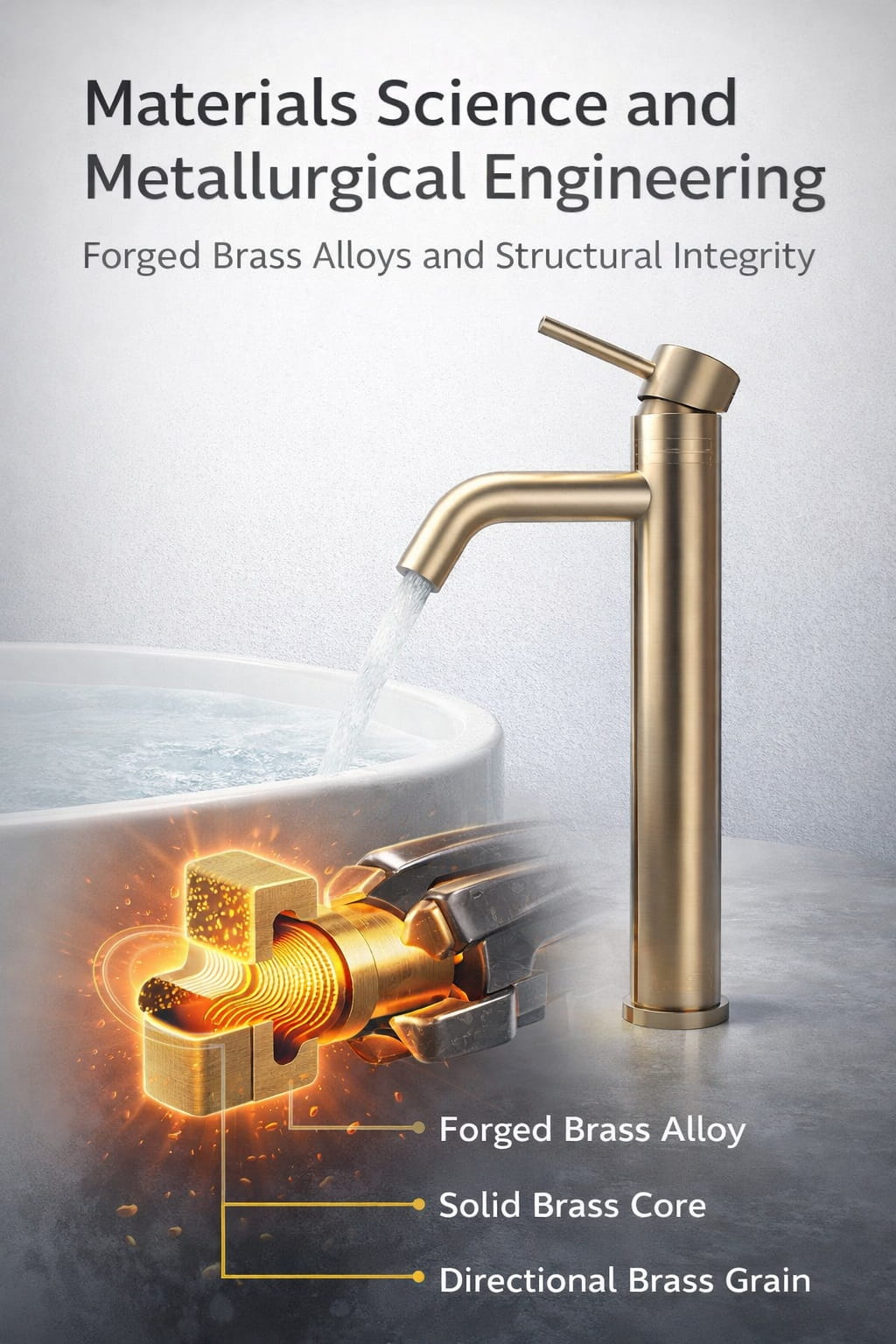 Forged brass commercial faucet body showing precision machined hydraulic chambers and threaded mounting structure