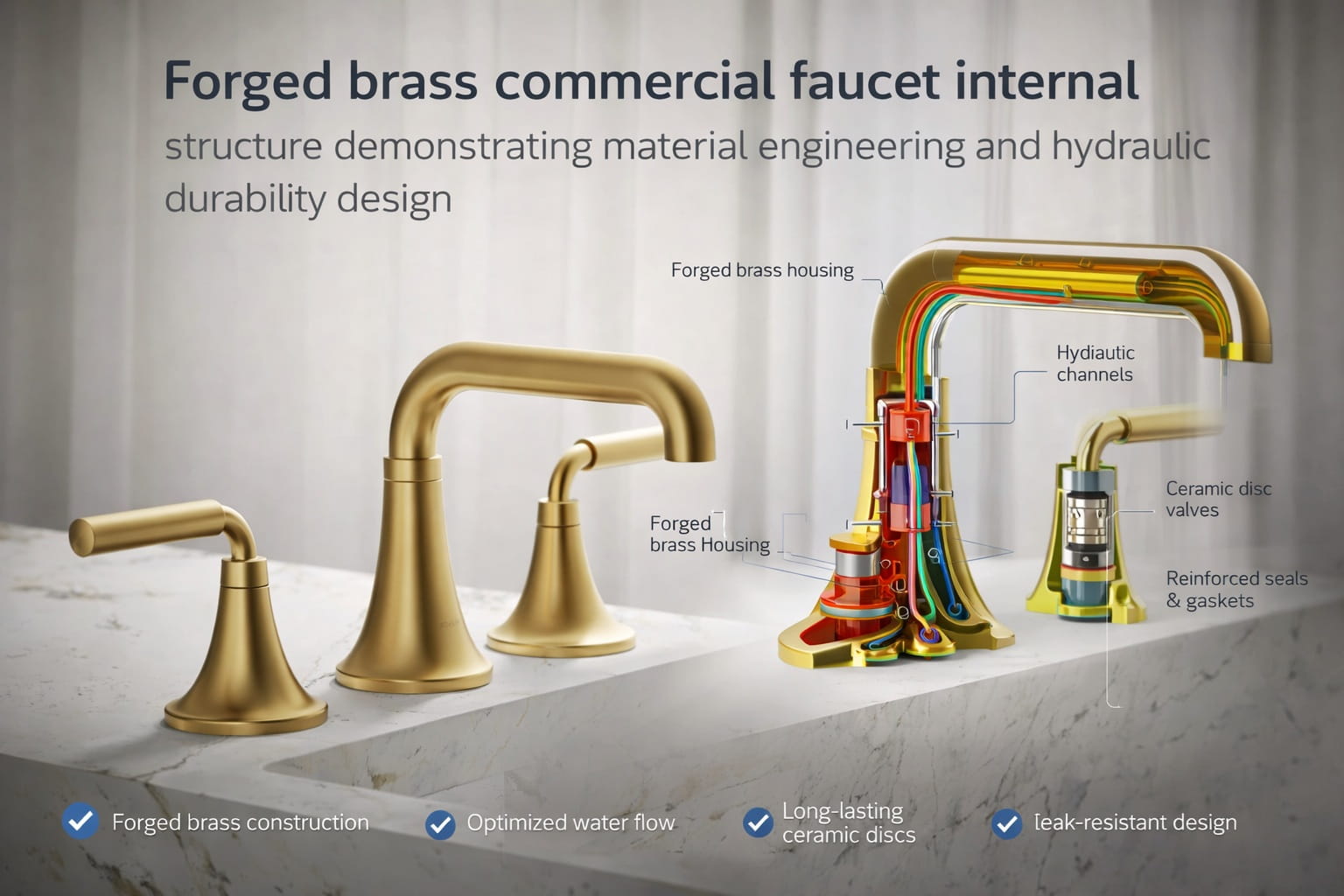 Forged brass commercial faucet internal structure demonstrating material engineering and hydraulic durability design