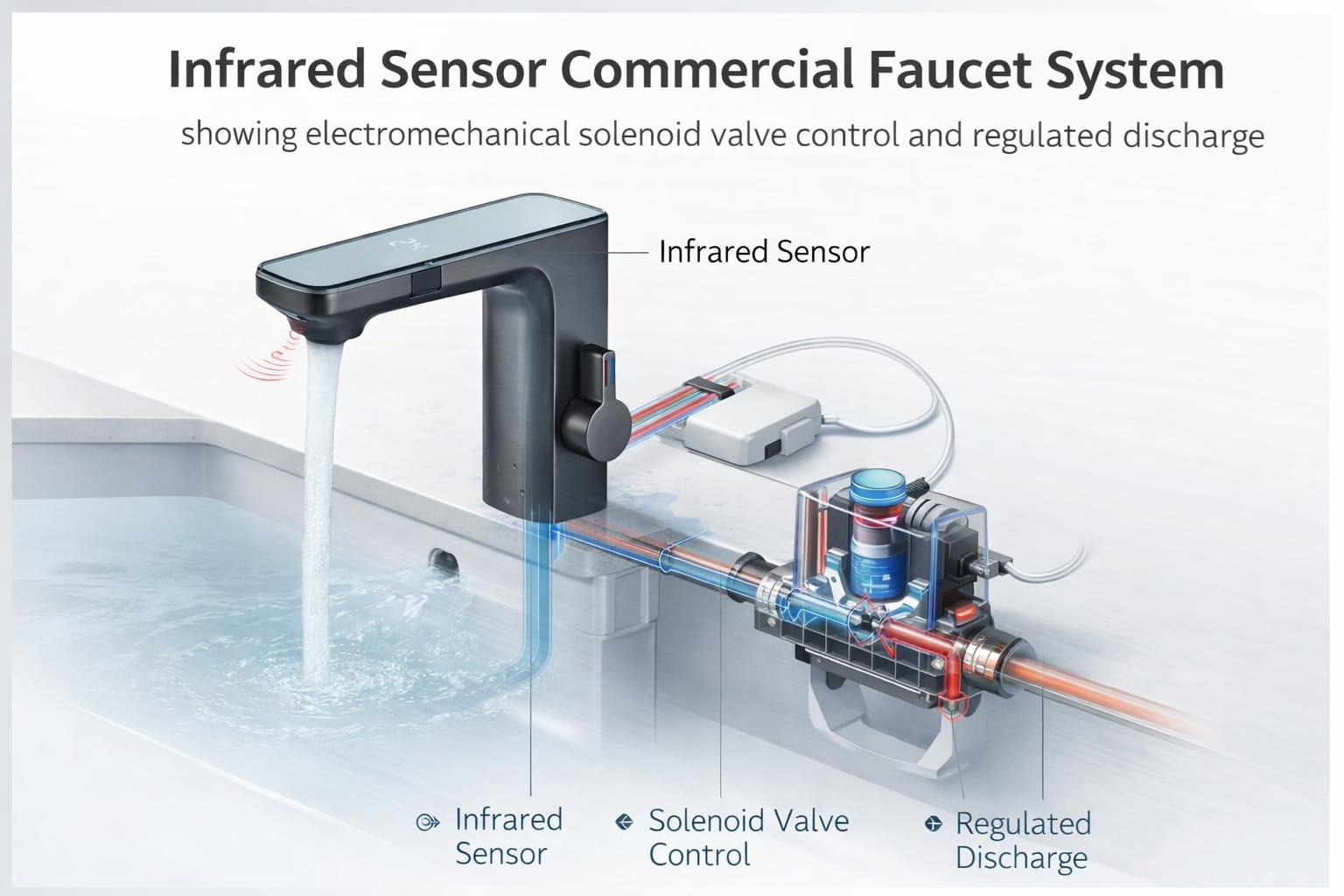 Infrared sensor commercial faucet system showing electromechanical solenoid valve control and regulated discharge