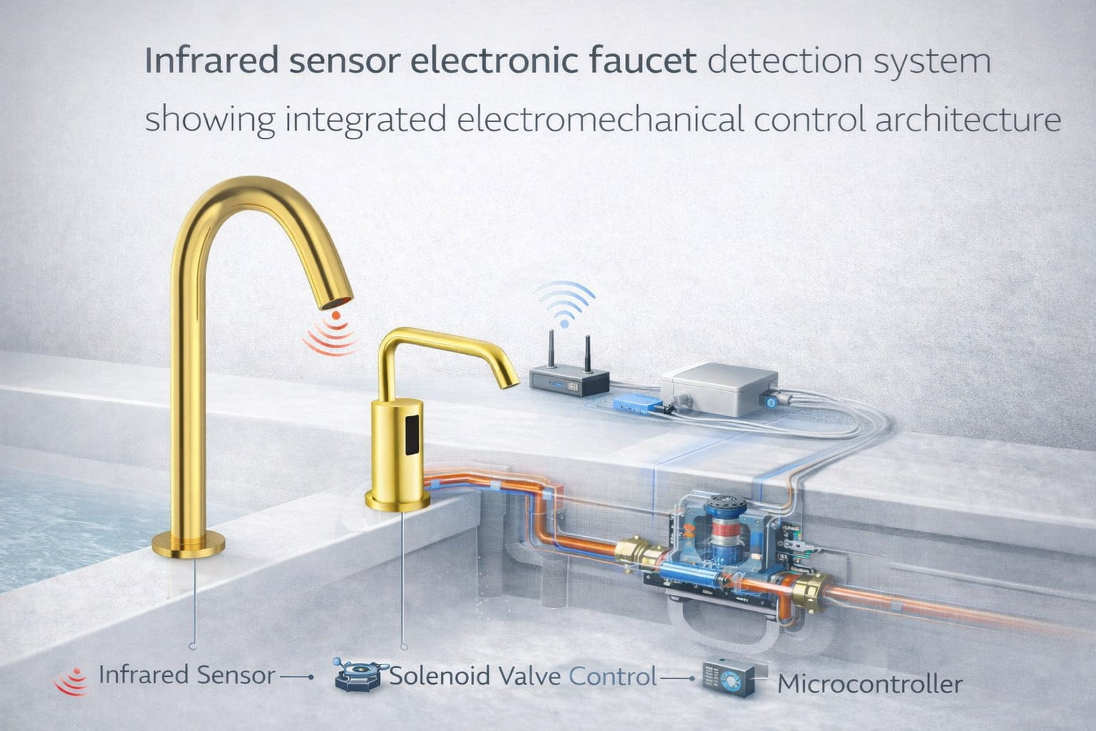 Infrared sensor electronic faucet detection system showing integrated electromechanical control architecture