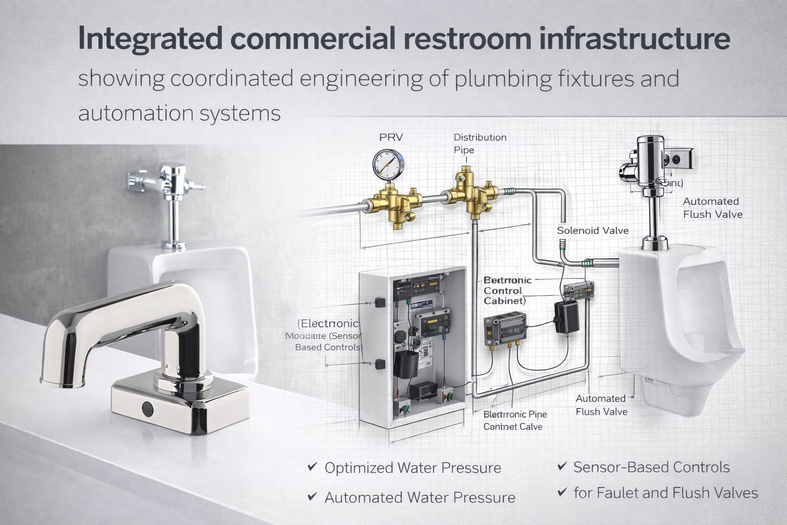 Integrated commercial restroom infrastructure showing coordinated engineering of plumbing fixtures and automation systems