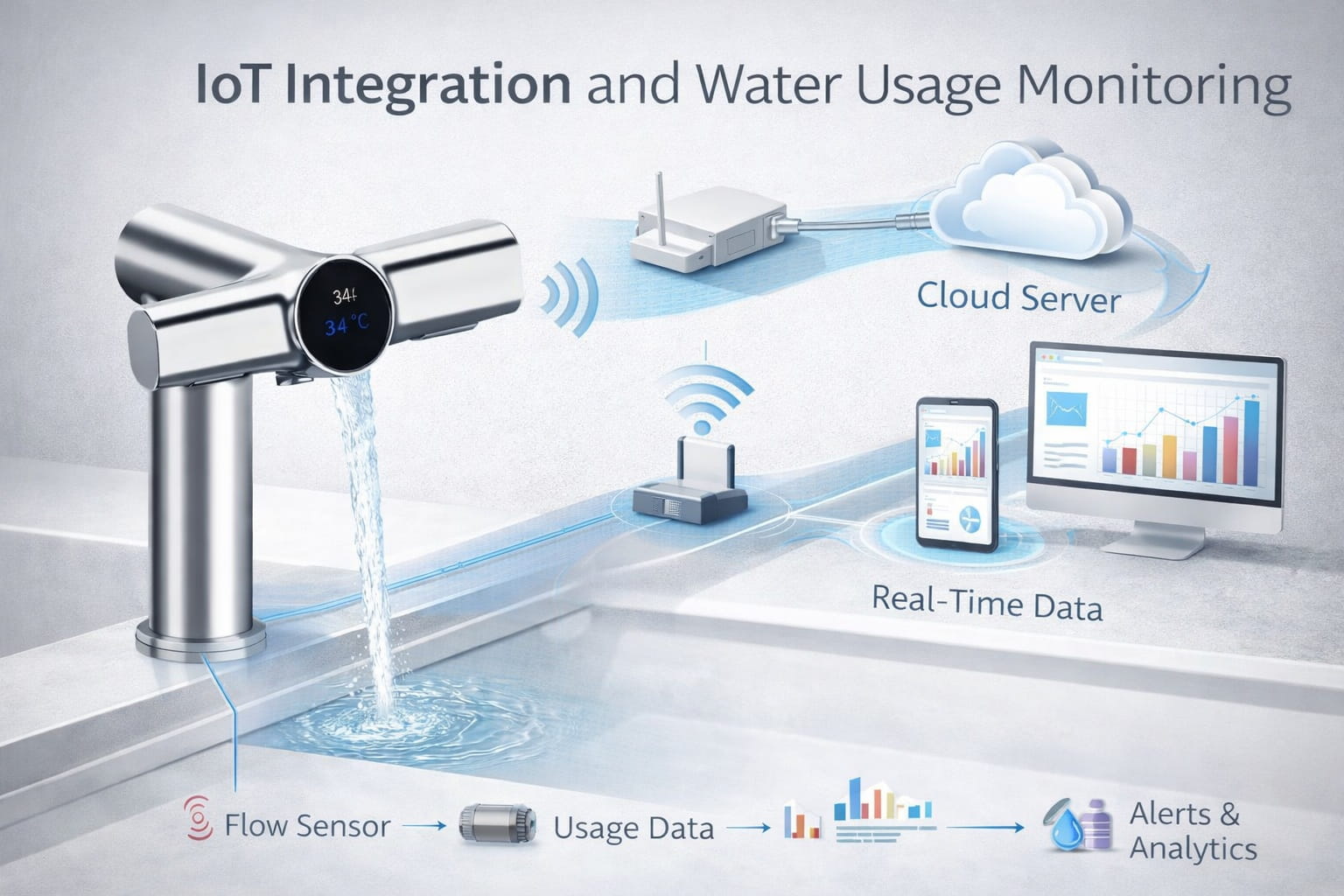 Smart commercial restroom infrastructure integrated with building automation systems and digital monitoring controls