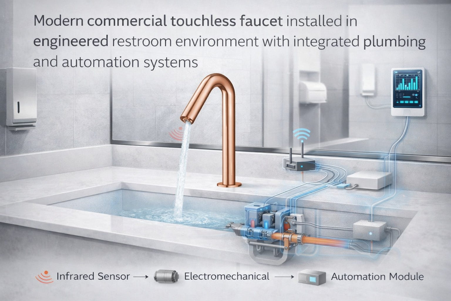 Modern commercial touchless faucet installed in engineered restroom environment with integrated plumbing and automation systems