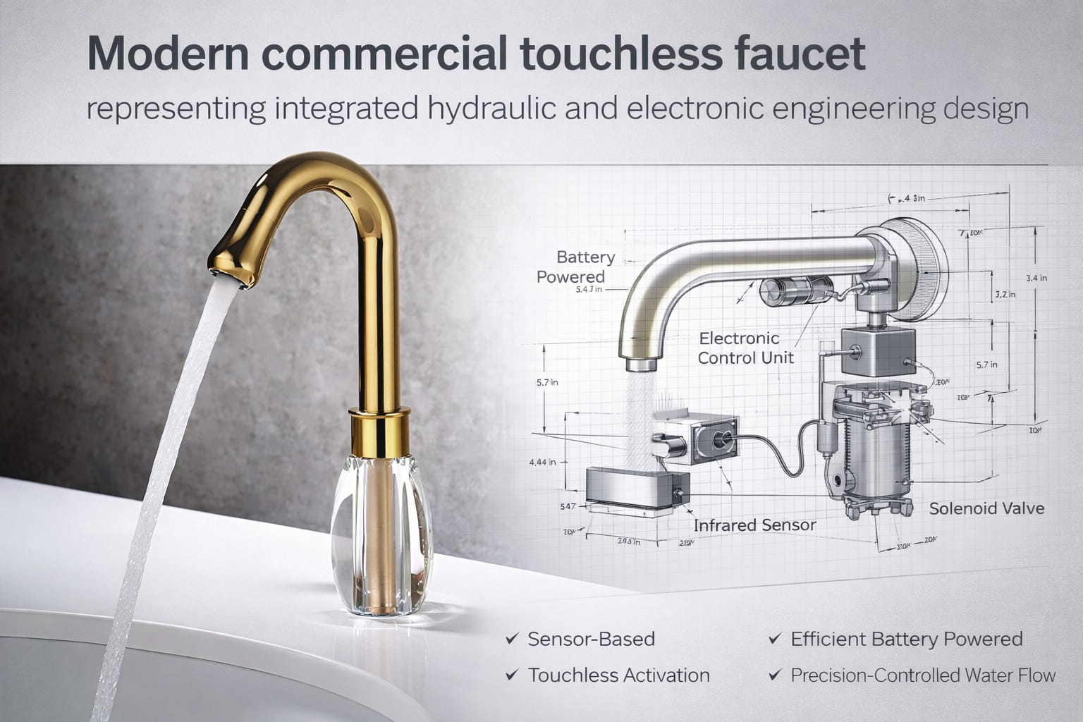Modern commercial touchless faucet representing integrated hydraulic and electronic engineering design