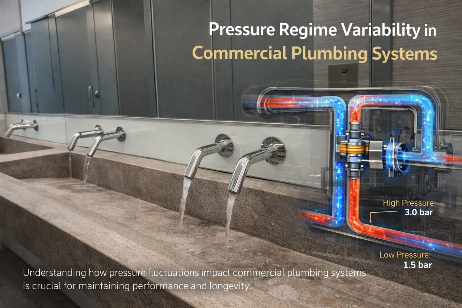 Commercial plumbing pressure regulation system with pressure reducing valve and hydraulic infrastructure