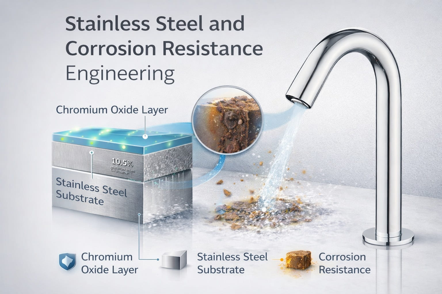 Stainless steel commercial faucet assembly showing corrosion resistant surface and integrated hydraulic architecture
