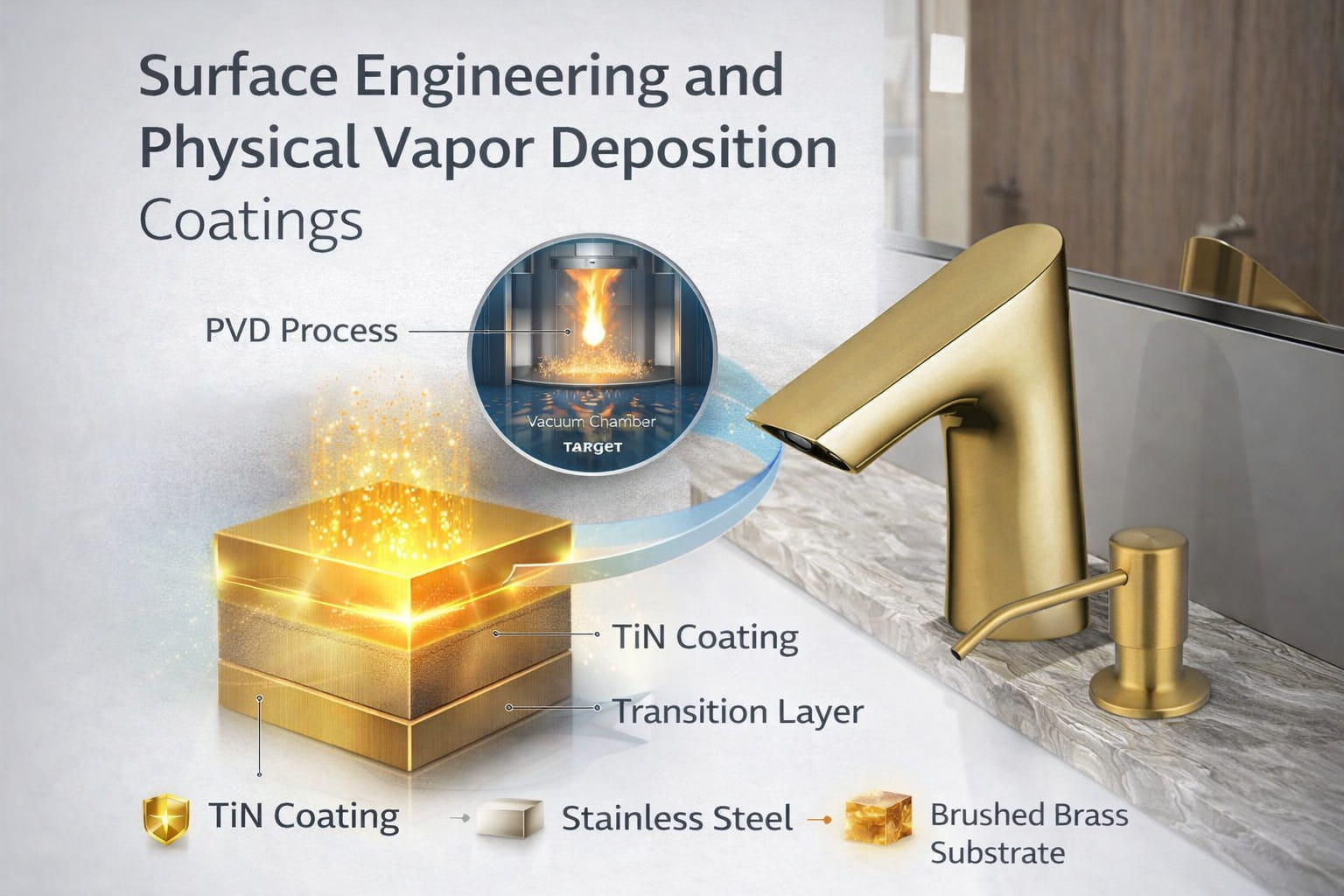 Commercial faucet surface finish showing advanced PVD coating providing corrosion and wear resistance