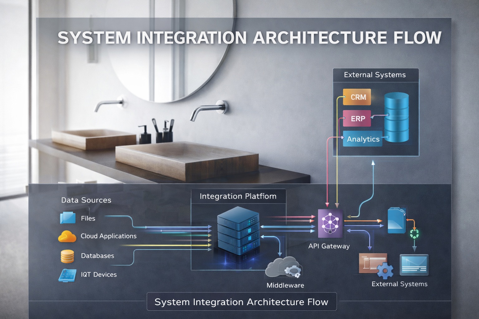 Commercial faucet integrated into plumbing, electrical, and architectural systems