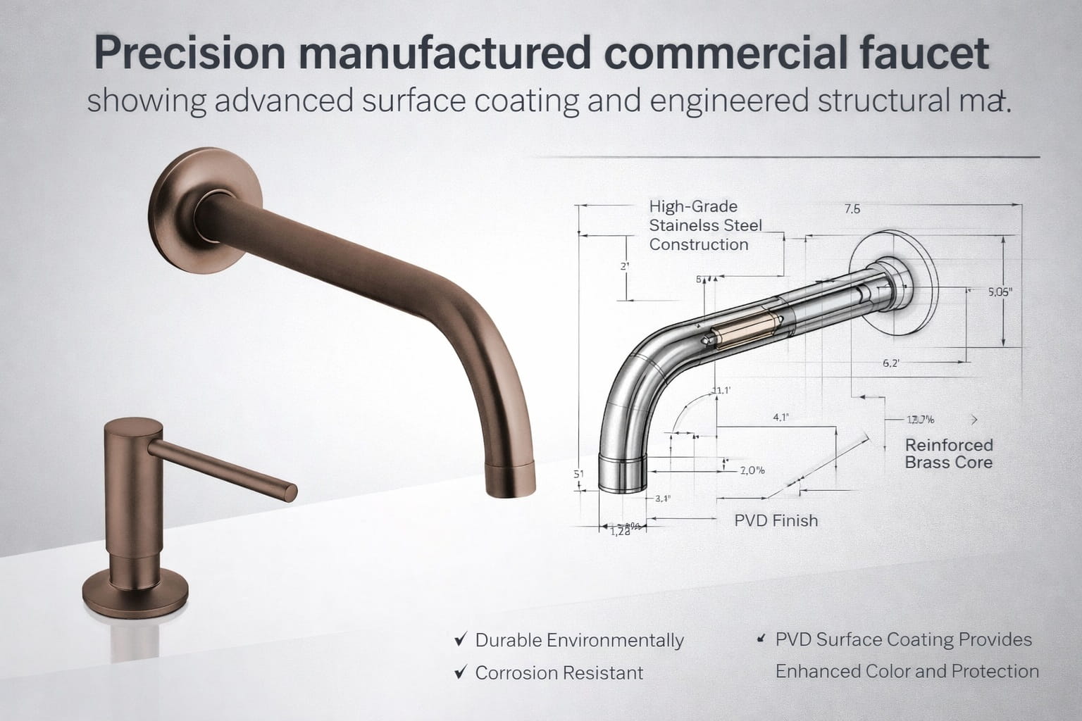 Precision manufactured commercial faucet showing advanced surface coating and engineered structural materials