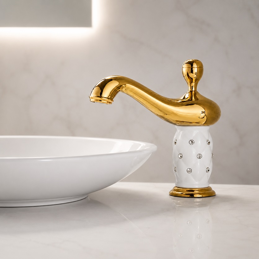 BathSelect Genie White and Gold Commercial Solid Brass Touchless Sensor Faucet