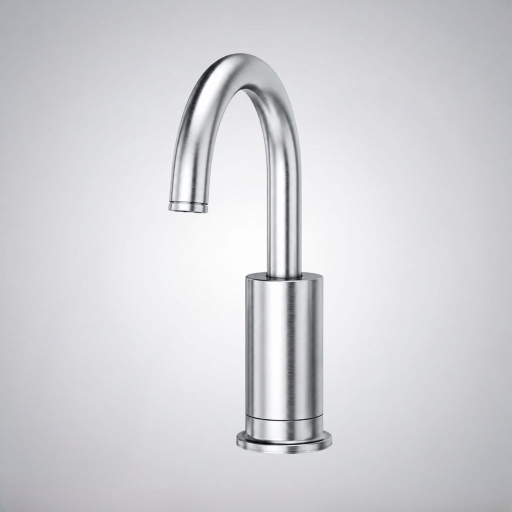 Chrome commercial faucet illustrating outlet and flow-conditioning performance