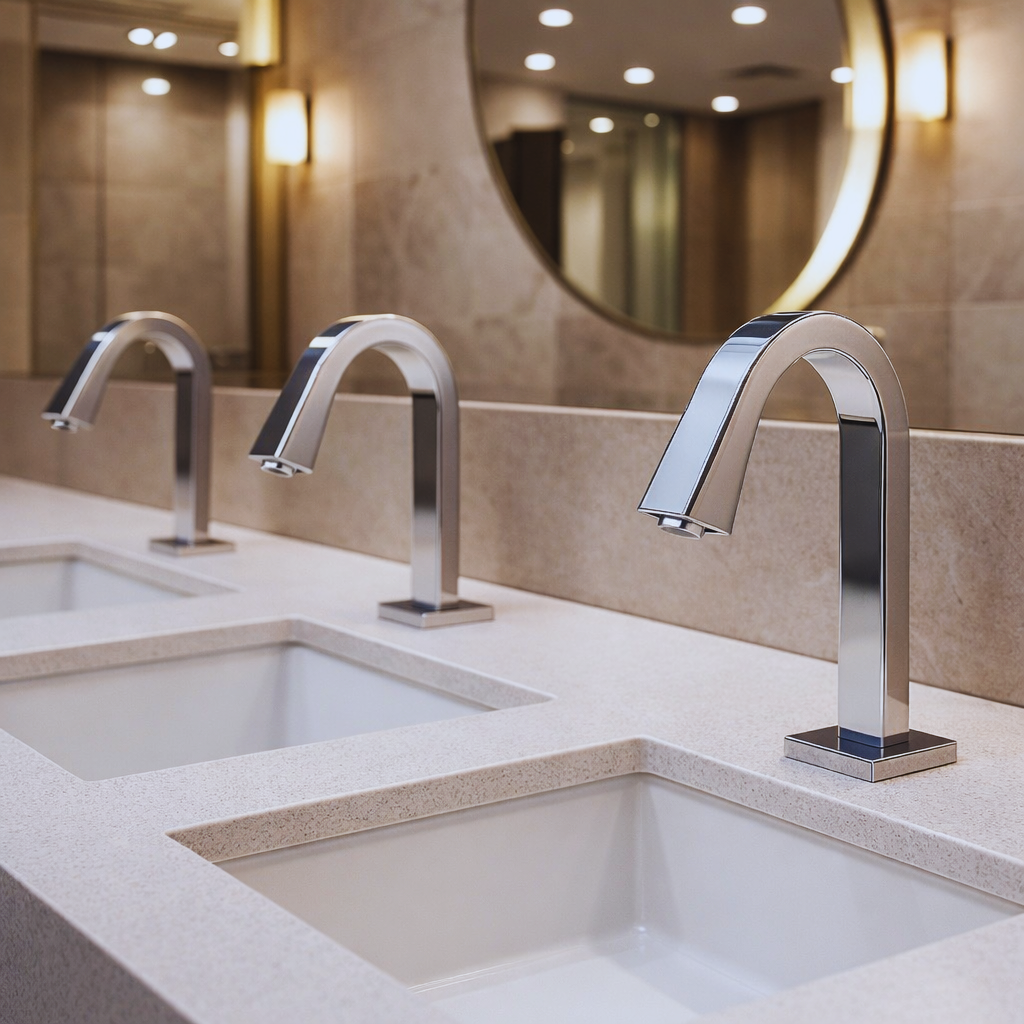 Chrome commercial faucet representing functional building system use