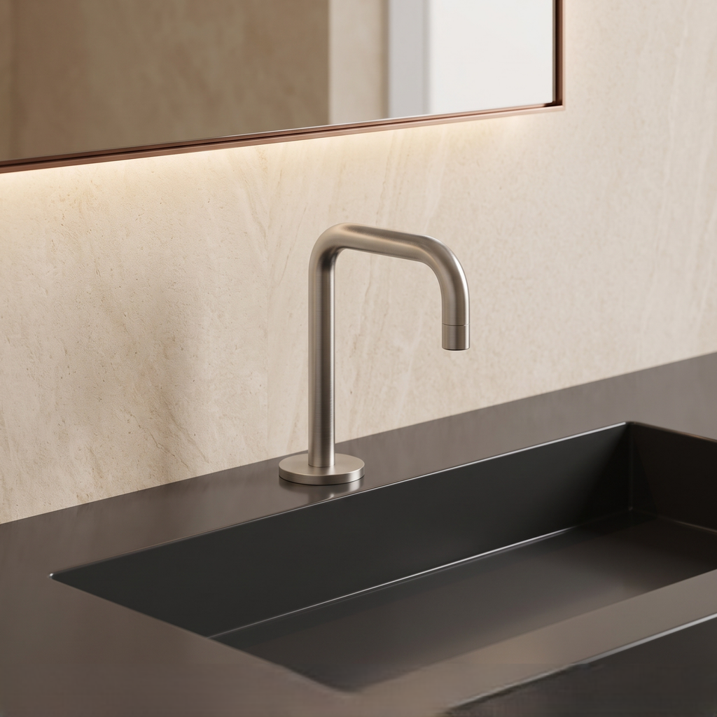 Brushed nickel commercial faucet for infrastructure coordination