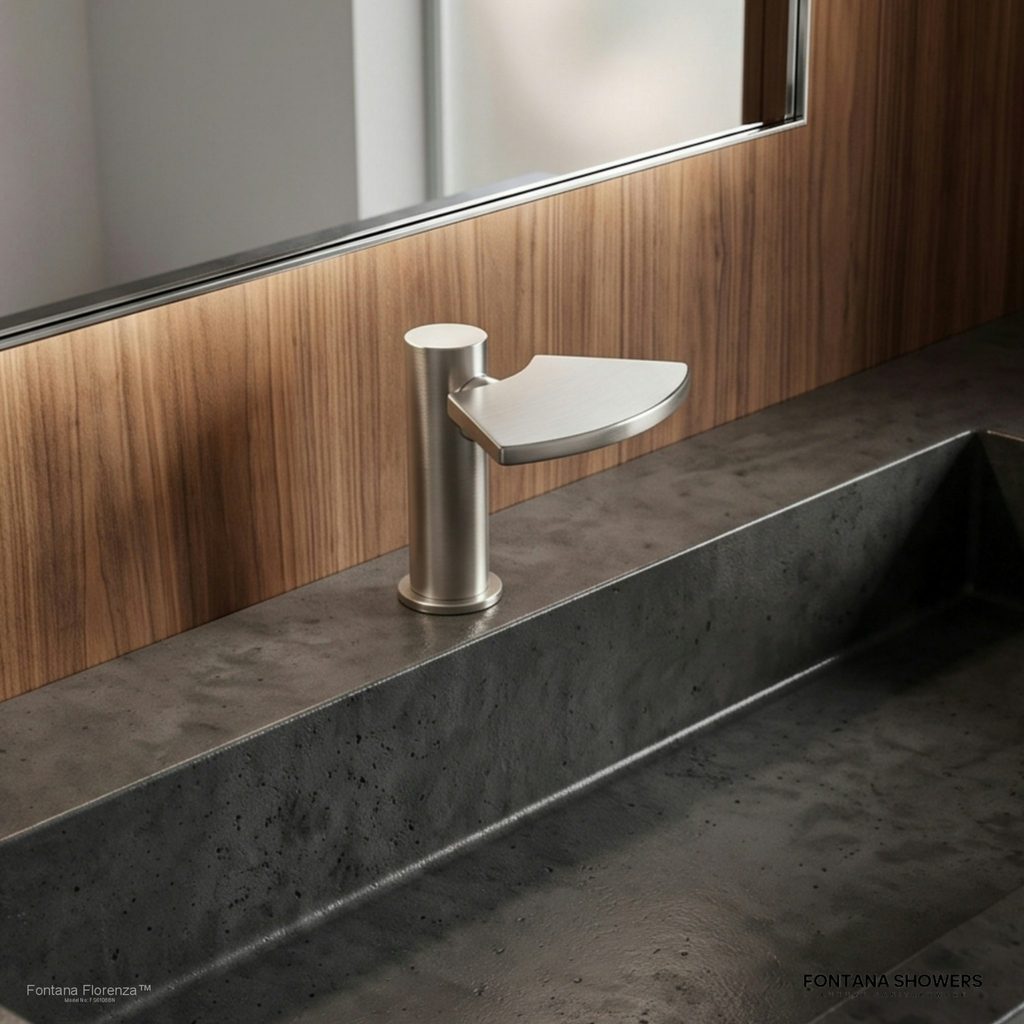 Brushed nickel commercial faucet for pressure-regulated plumbing systems