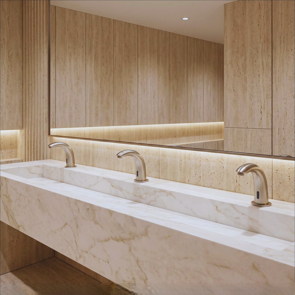 Brushed nickel commercial faucet for flow and pressure applications