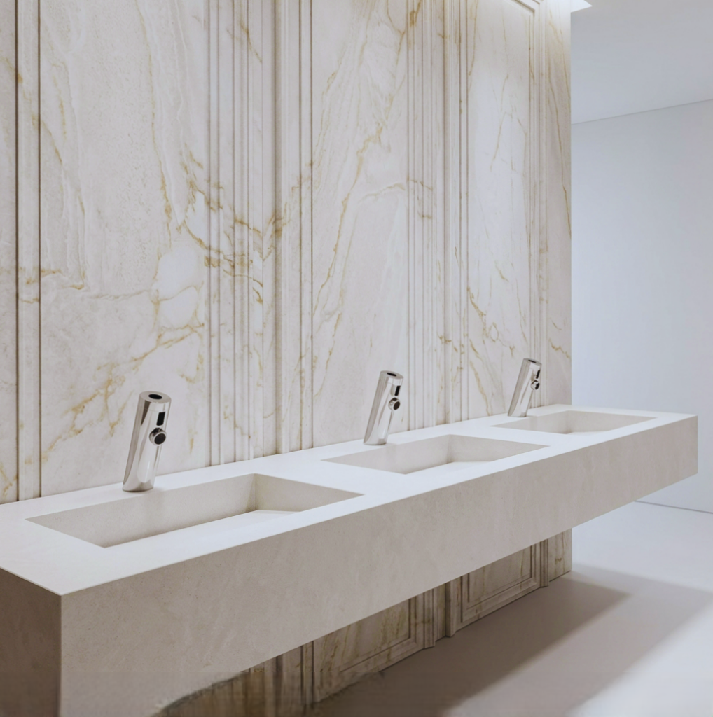 Chrome commercial touchless lavatory faucet for engineered restroom installations