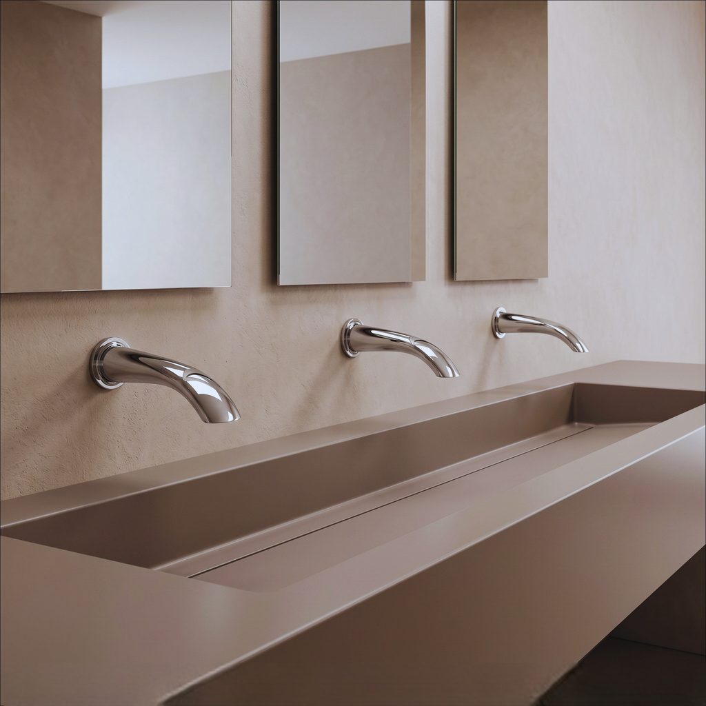 Chrome commercial lavatory faucet with outlet flow conditioning