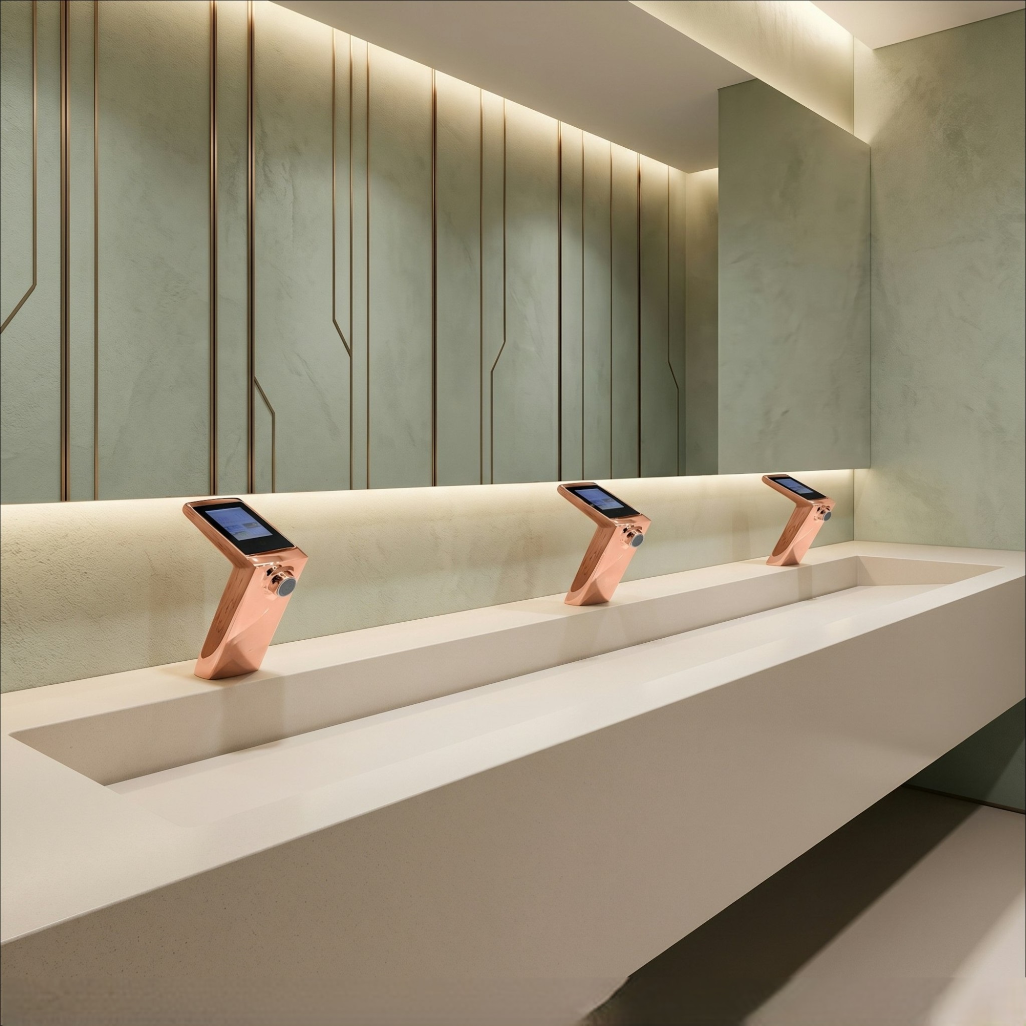 Smart digital bathroom faucets in a modern commercial restroom