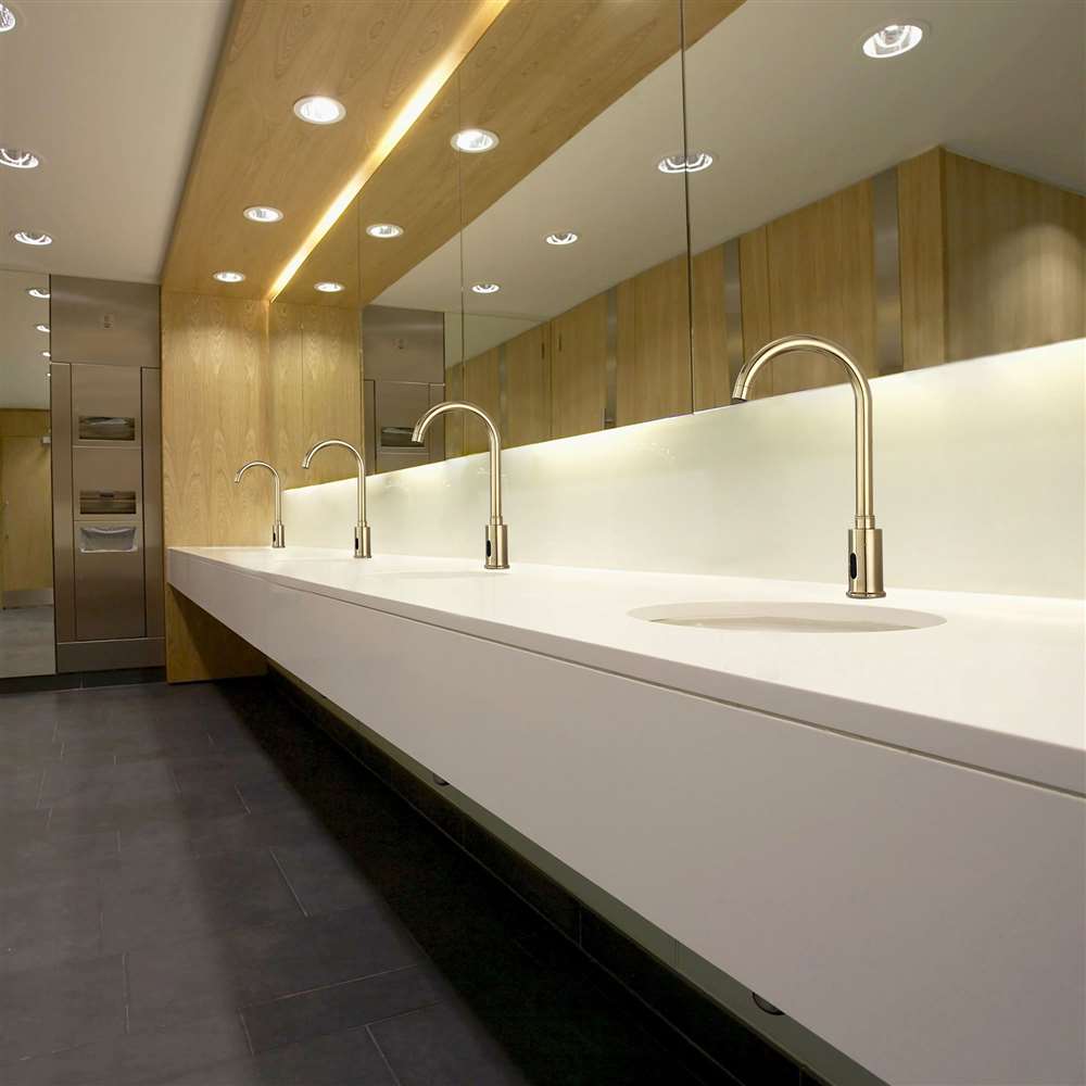 Gold commercial touchless faucet for hospitality and public restroom applications