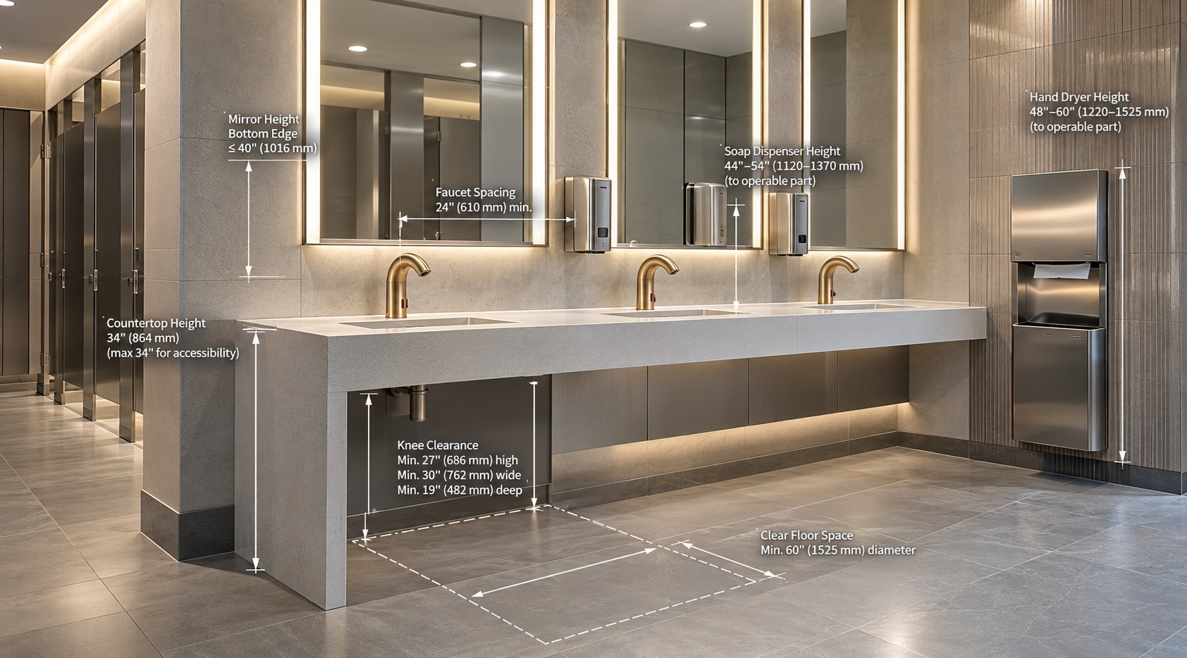 Architectural commercial restroom vanity with coordinated touchless faucets, soap dispensers, hand dryer, and illustrated accessibility clearances