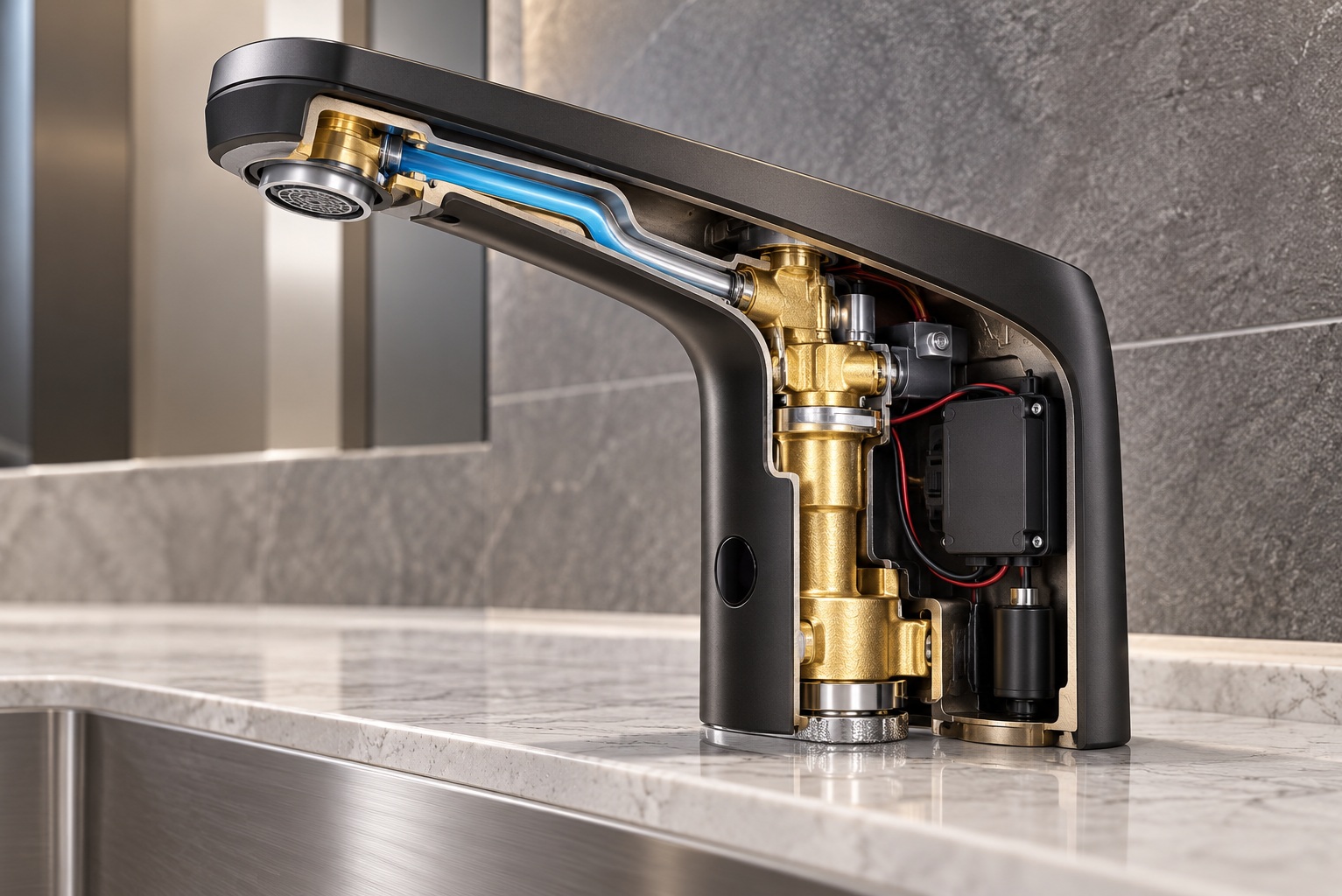 Cutaway view of a commercial sensor faucet showing brass internal components, sensor electronics, solenoid assembly, waterway, and serviceable modular parts.