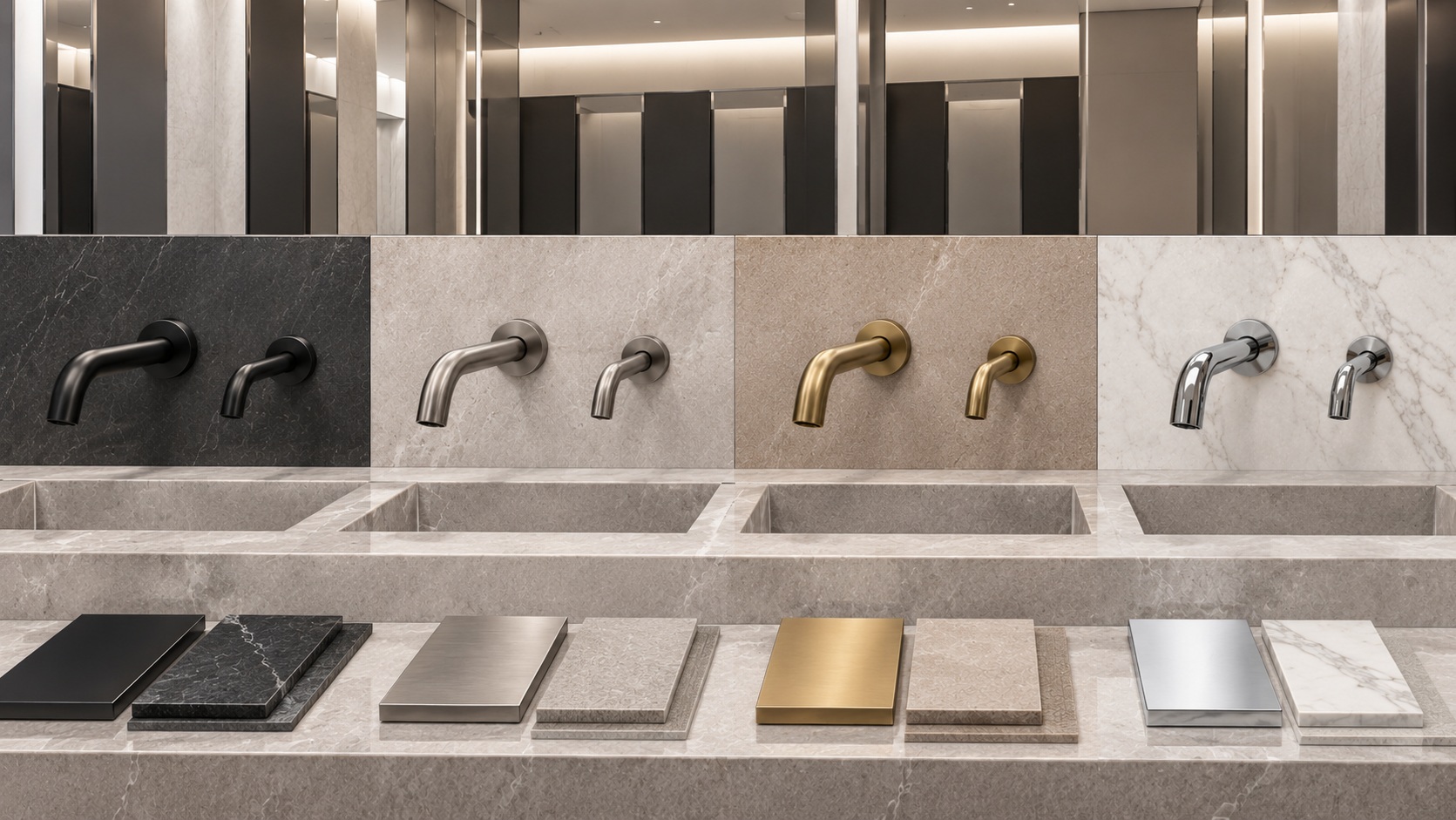 Commercial touchless faucet finish and hardware coordination board representing transit fixture standardization and replacement planning.