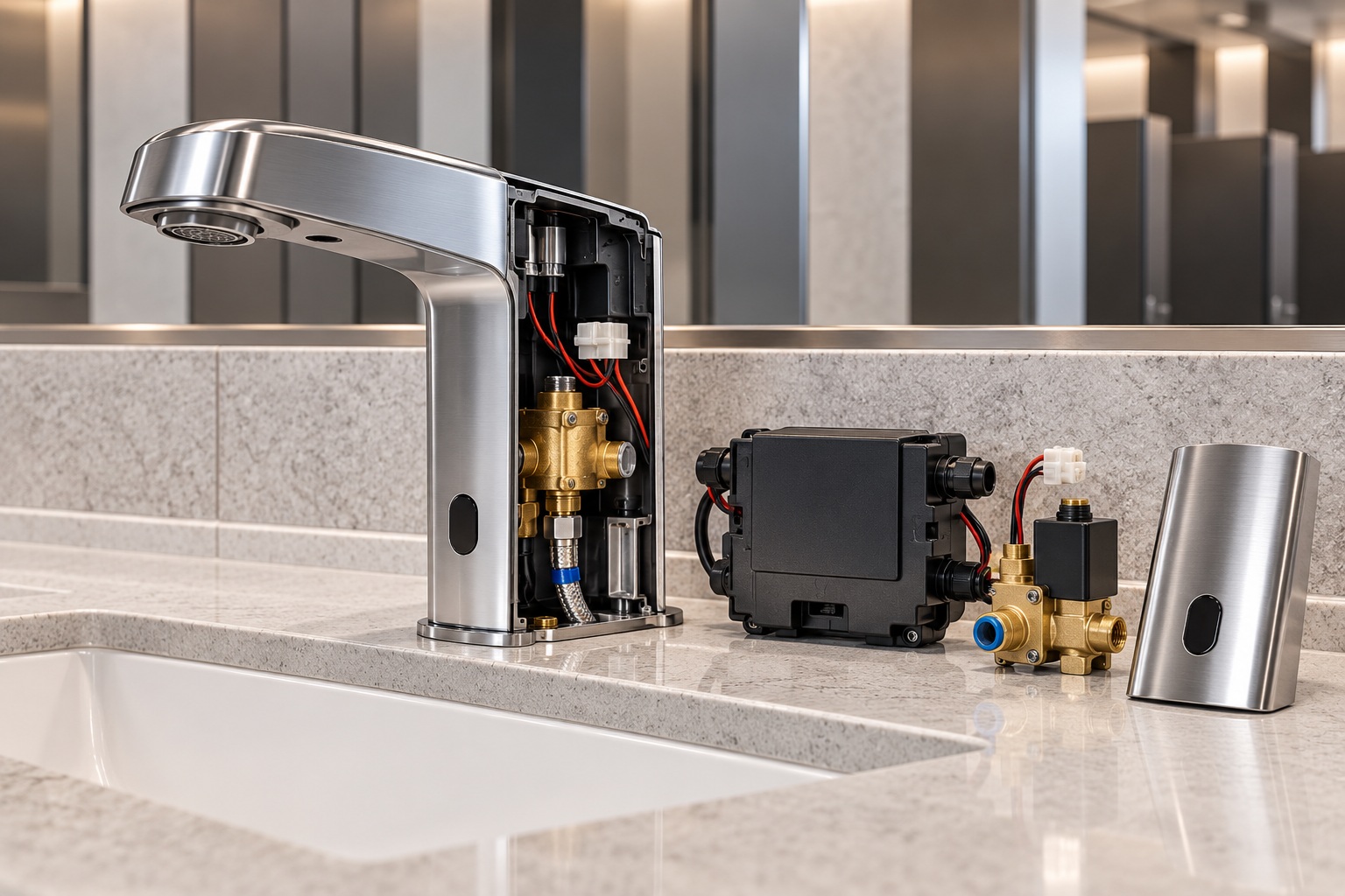 Commercial touchless faucet maintenance access showing removable control components, solenoid assembly, wiring, and serviceable plumbing connections.