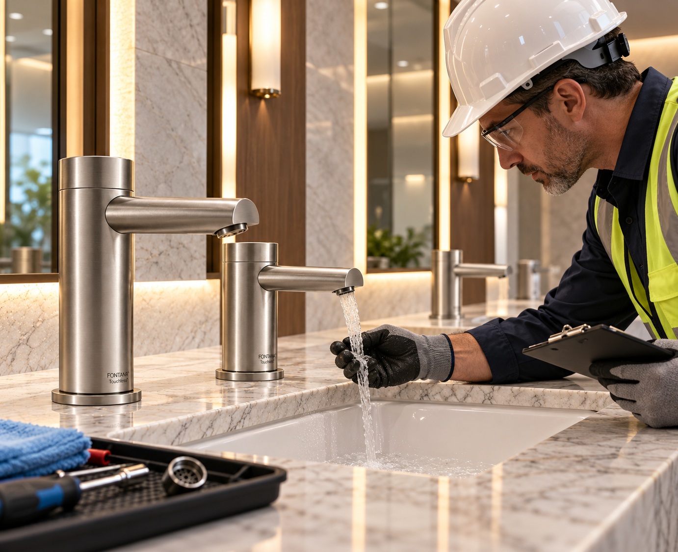 Maintenance technician inspecting a commercial Fontana touchless faucet, checking the aerator and sensor to support preventive maintenance and long-term reliability