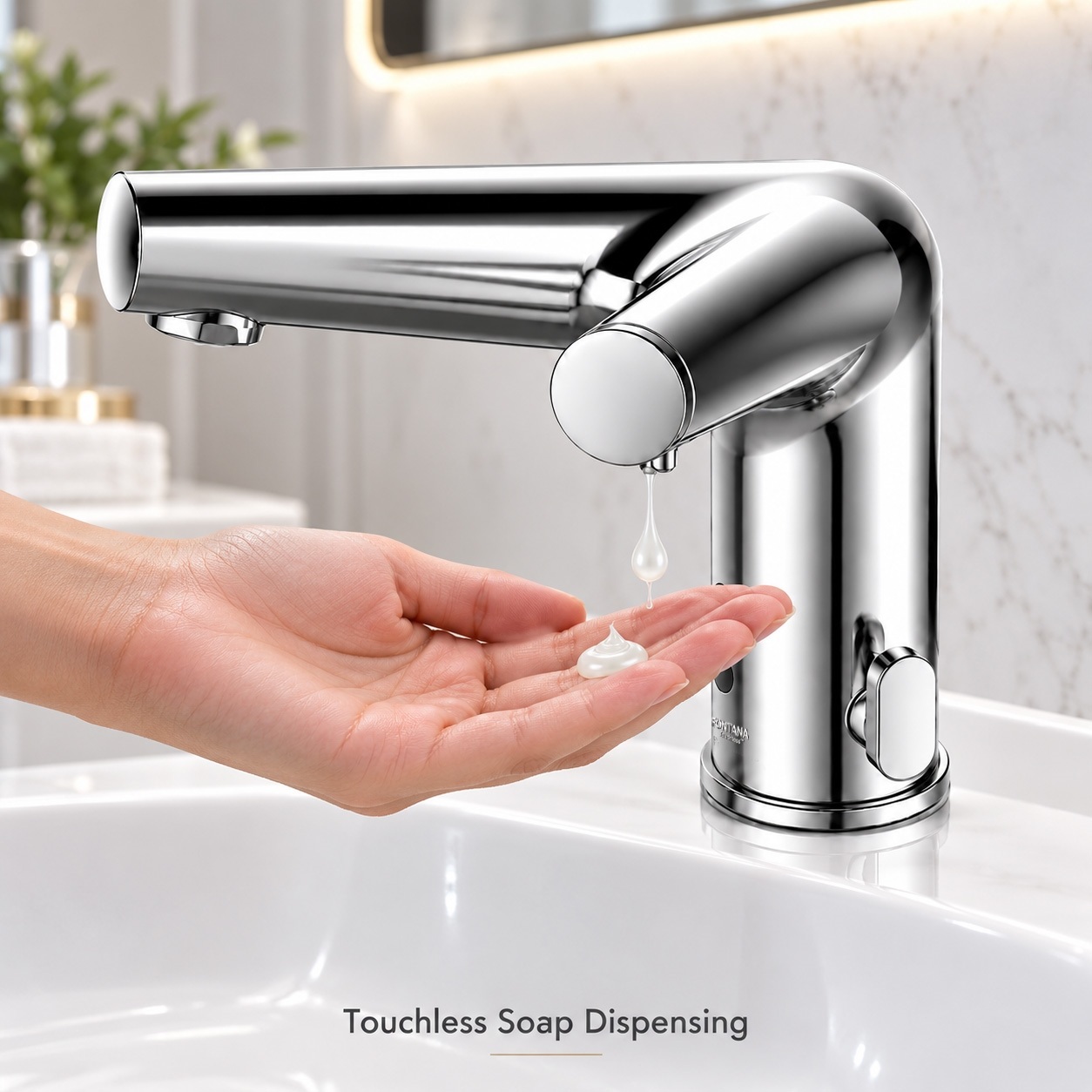 Automatic touchless soap dispenser delivering soap into a hand above a commercial restroom basin