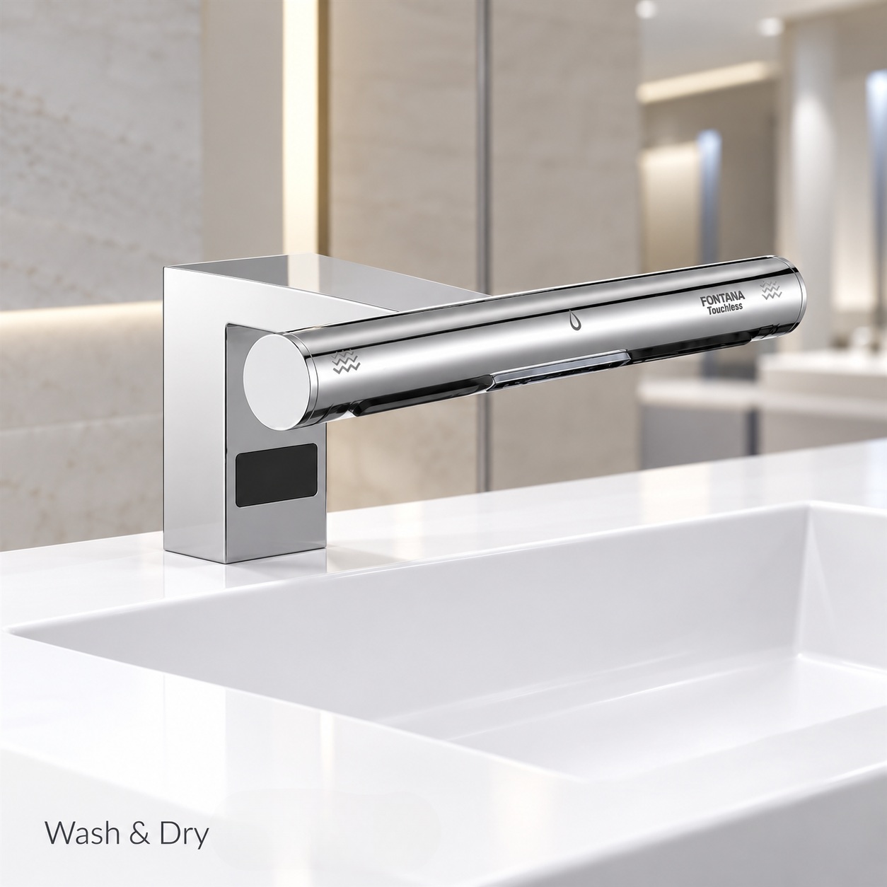 Fontana Catania chrome touchless sensor faucet with integrated high-speed hand dryer installed above a commercial restroom basin