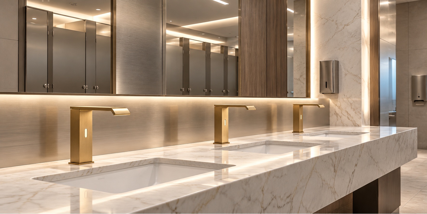 Commercial office restroom with coordinated touchless sensor faucets and a multi-basin stone vanity for architectural specification.